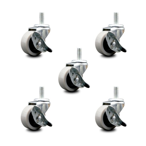 2 Inch Thermoplastic Wheel 8mm Threaded Stem Caster Set with Brakes, 5PK